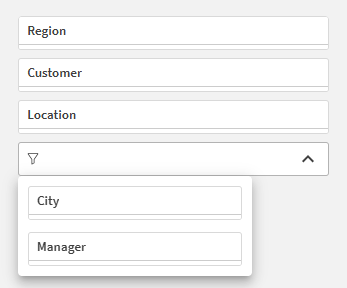 Filter pane in analysis mode with five dimensions. Three of the dimensions are displayed, with the dropdown expanded to show additional two dimensions.