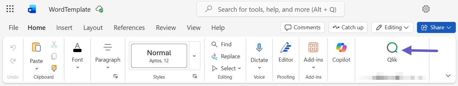Click to view full size Ribbon bar in Microsoft Word showing the Qlik add-in icon