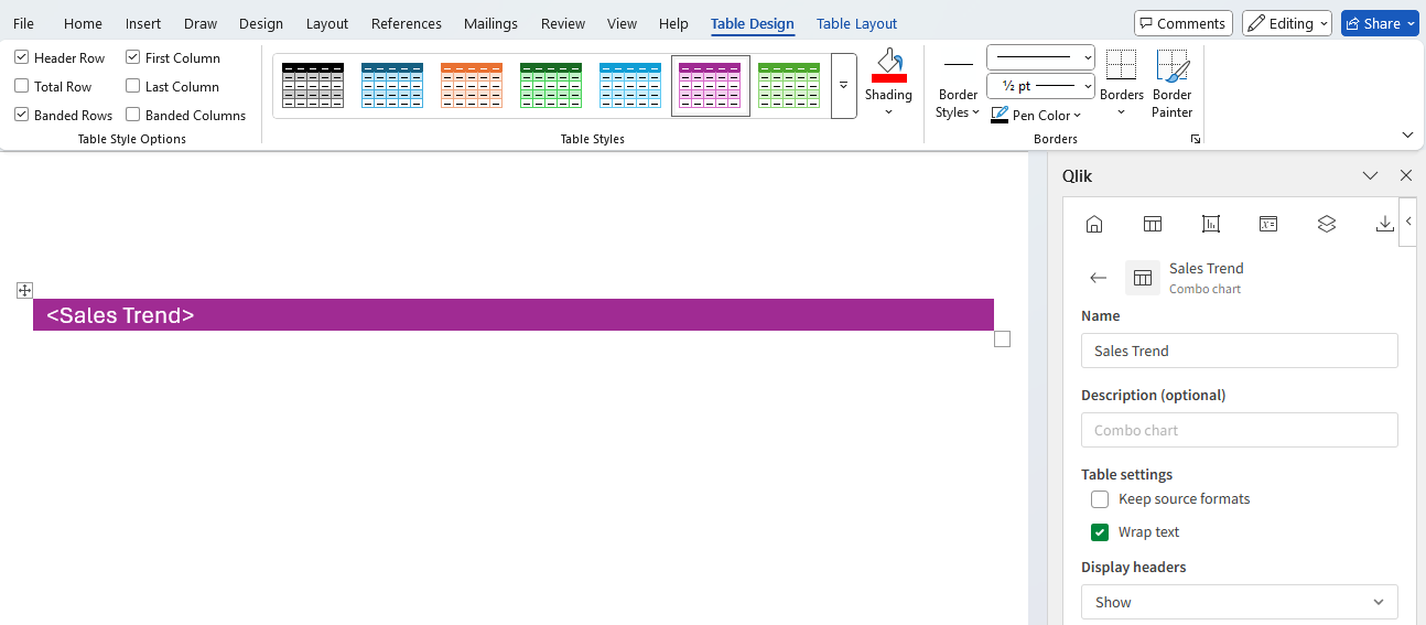 Word report template with single-column, single-row table styled with custom Word table properties