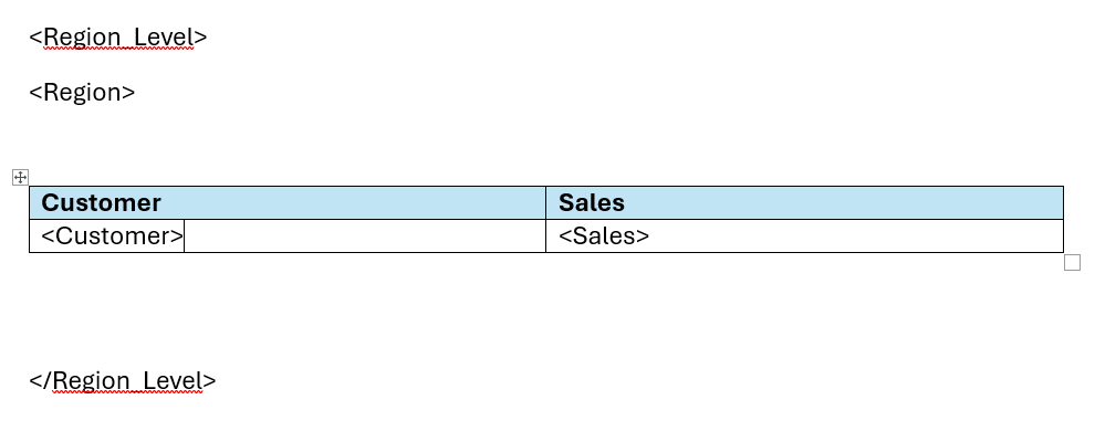 Report template with level and field tags moved around to fit more tabular data within the level