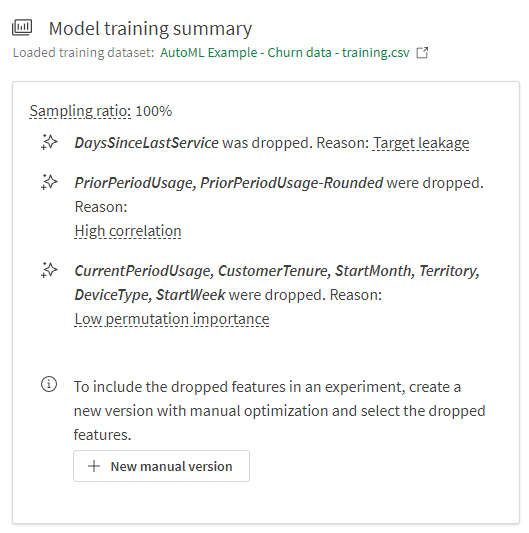 Training summary chart for a model trained with intelligent optimization. Features from the training data were automatically excluded from the model for reasons such as target leakage and high correlation