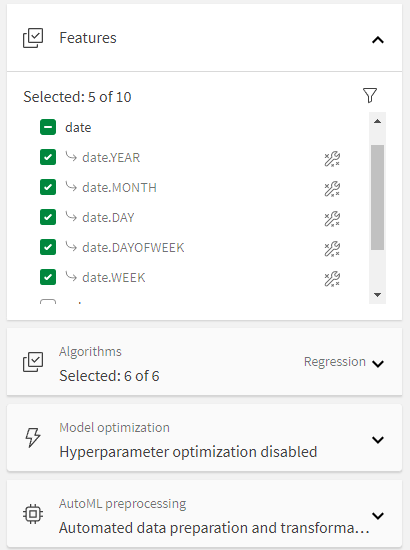 Features section in experiment configuration pane, showing Auto-engineered features.