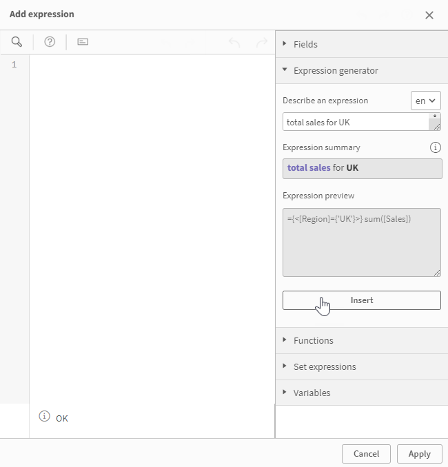 Expression editor with Expression generator tab open, showing natural langauge description of expression with the output expression ready to be added to the expression editor