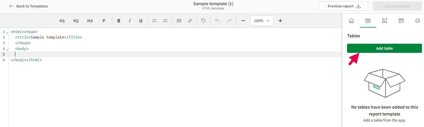 'Tables' menu in HTML designer, from which you can modify existing tables you have added, or add a new table