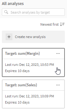Analyses panel in key driver analysis window, where you can click an existing analysis to view results