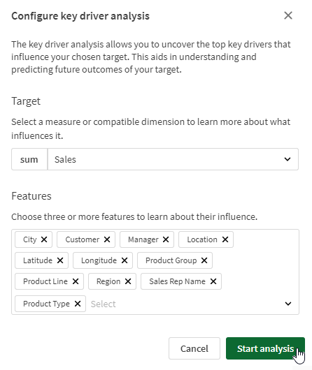 Configuring a key driver analysis by selecting a target and features