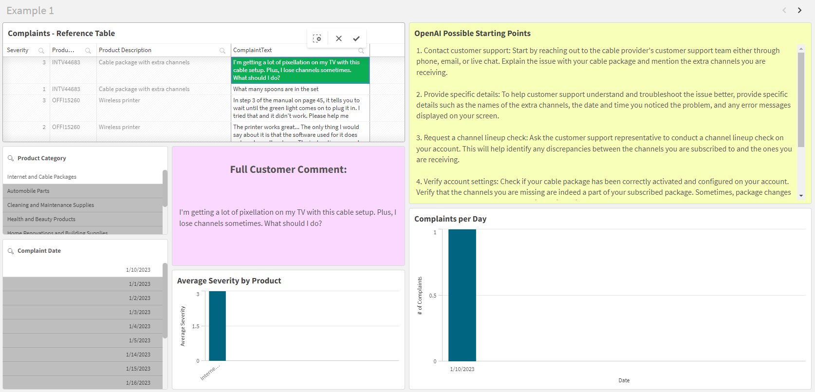 Interactive Qlik Sense app for using OpenAI to interact with app data. A single selection is made in the app, which triggers the OpenAI chart expression to be evaluated and provide a reponse on how to address the selected customer comment