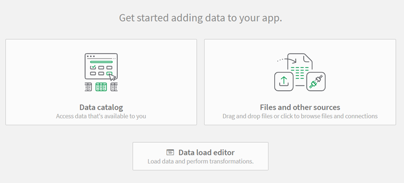 The view in an app with no data. There are 3 cards:Data catalog, Files and other sources, Data load editor.