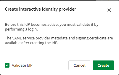 Confirmation dialog with Validate IdP option selected