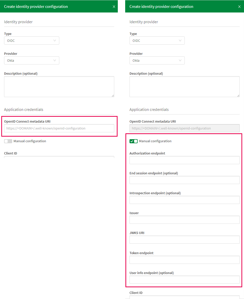 Configuration panes shown with and without using discovery URL.