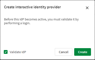 Confirmation dialog with Validate IdP option selected