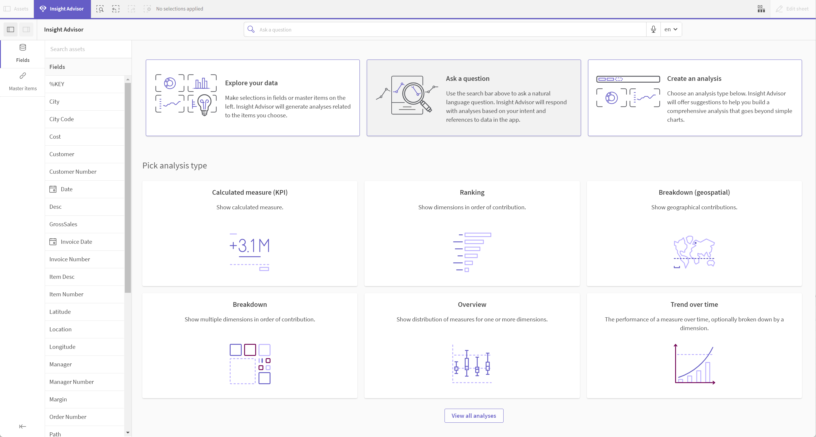 Insight Advisor Analysis Types, displaying available analysis types in Analysis options. 