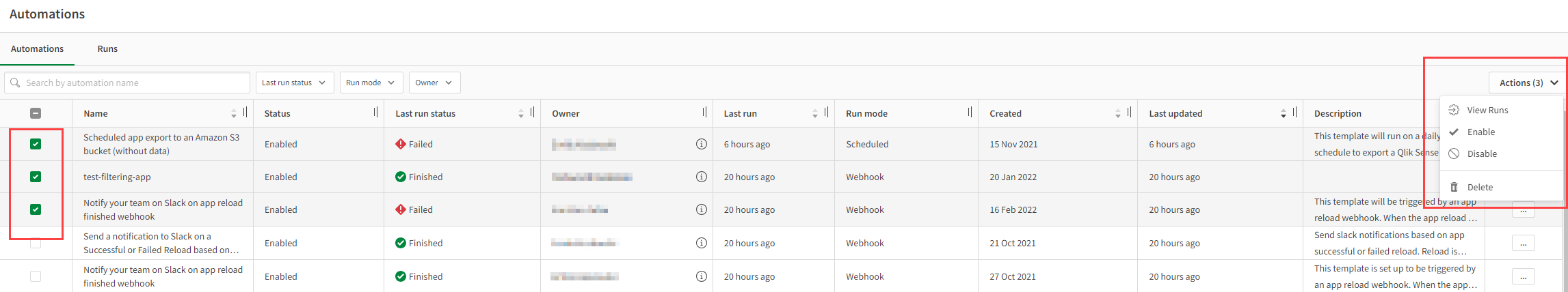 Automations table from the management console with three selected automations and bulk action menu