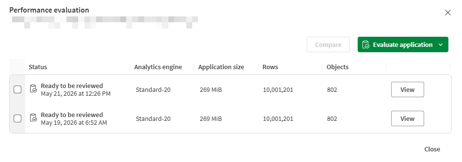 Click to view full size Performance evaluation details window showing several performance evaluation runs.