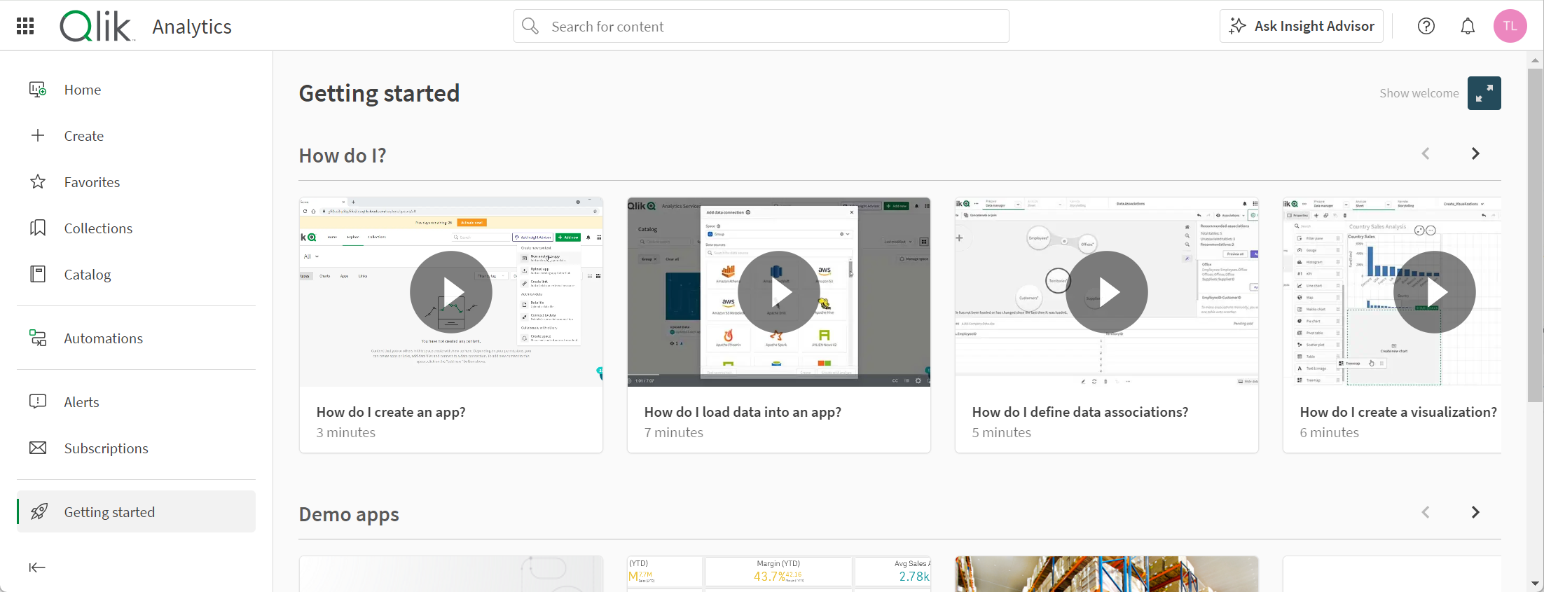 Screenshot of the Qlik Cloud hub with videos explaining how to use different features of Analytics Services. 