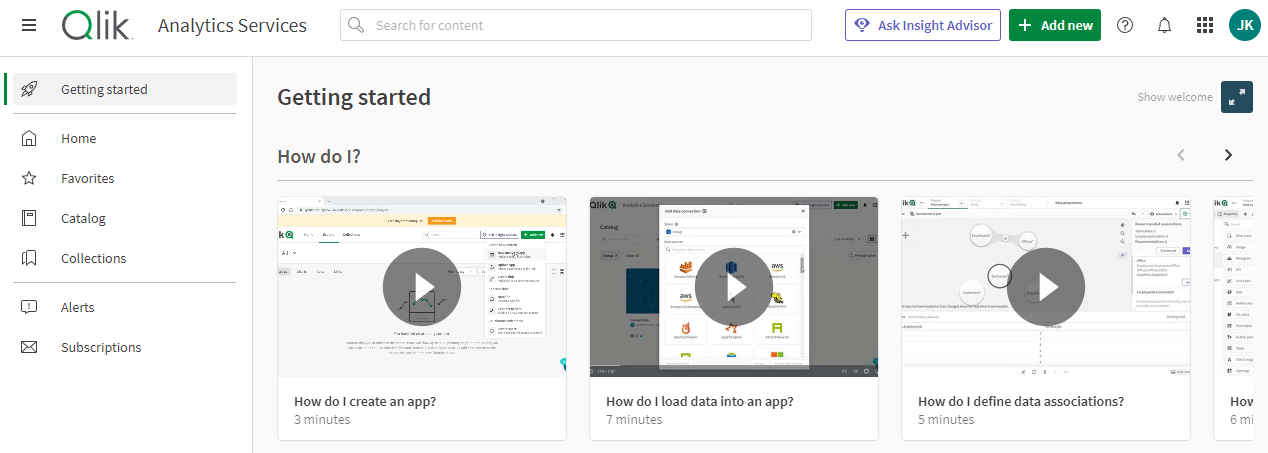 Screenshot of the Qlik Cloud hub with videos explaining how to use different features of Analytics Services. 