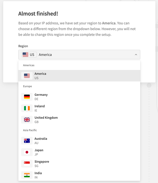 Dropdown list with regions during tenant setup.