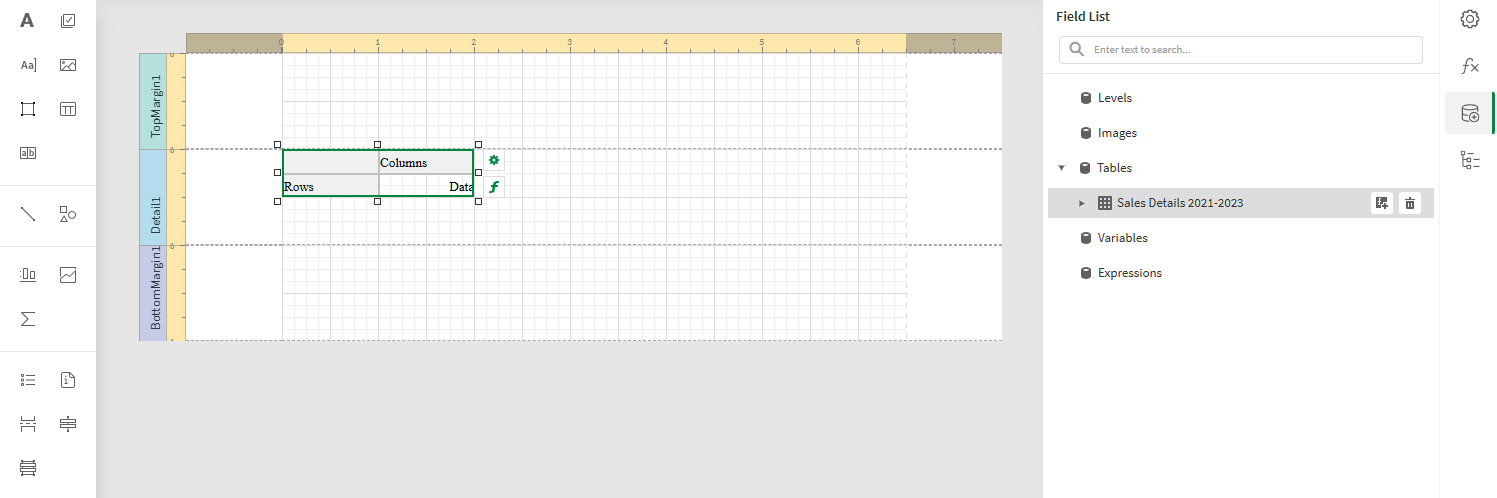 Template showing a blank Cross Tab added to the design surface, and the 'Field List' menu expanded on the right showing the data binding under 'Tables' that will be used to populate the Cross Tab with data