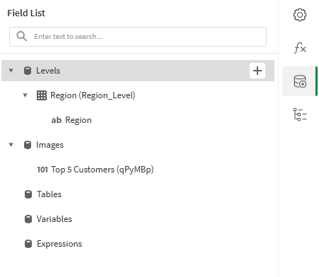 The 'Field List' menu showing the newly created data bindings added for use: a 'Region' level and a 'Top 5 Customers' image.