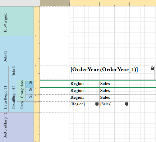 Report template showing the structure of bands and sub-bands, as well as the label objects,  that will create the output