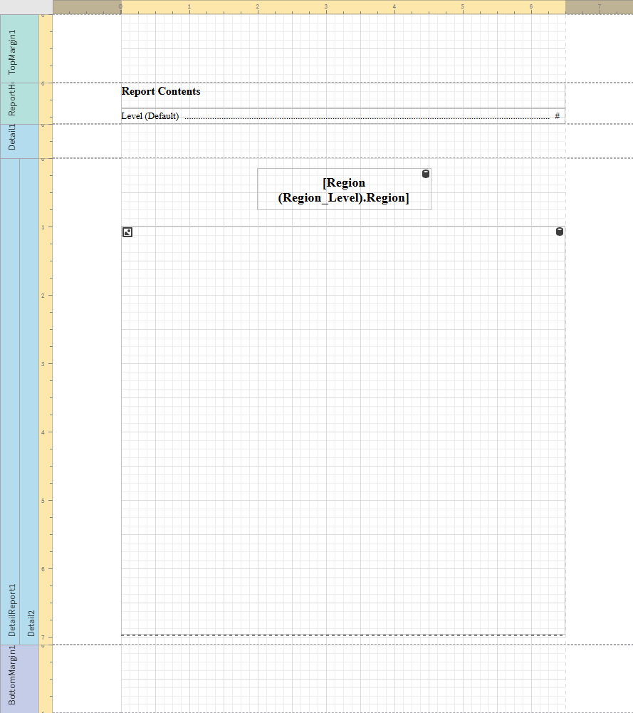 Report template showing a ReportHeader band that contains a Table of Contents placeholder. The Table of Contents will draw from the content in the DetailReport band (specifically the 'Region' level)