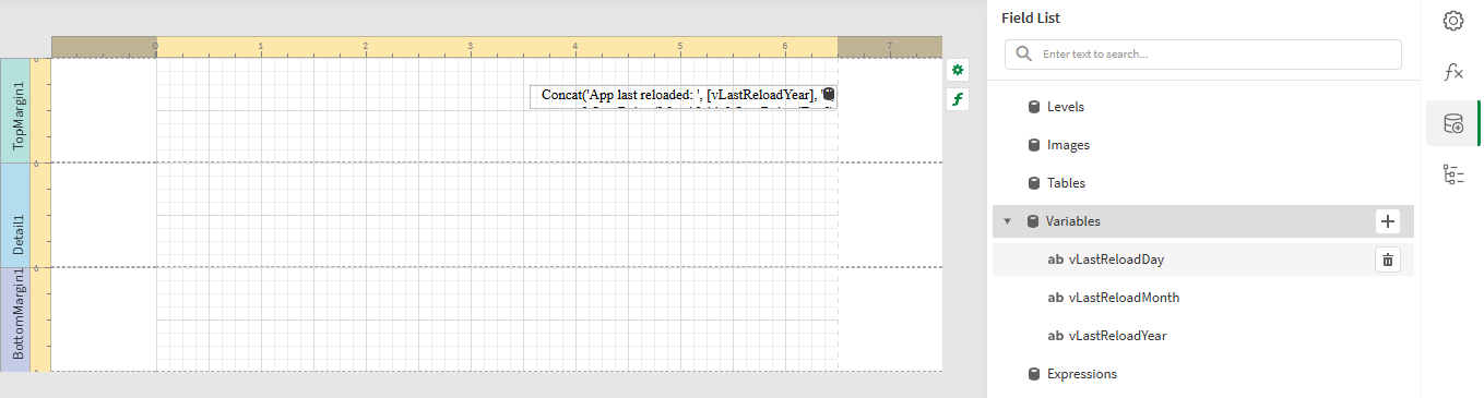 Report template with a label containing text and a variable value, added in the top margin