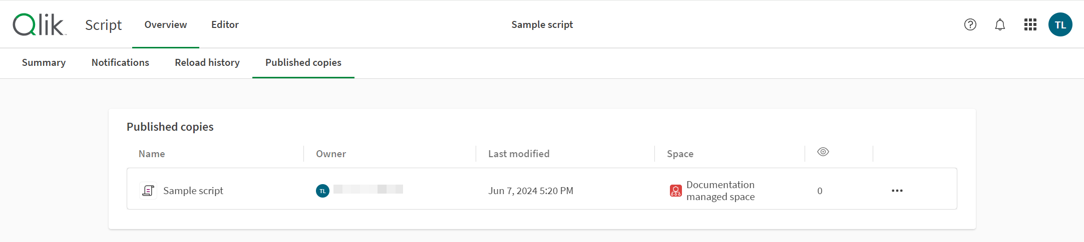 Script editor opened to published copies. A single copy published to a managed space is displayed.