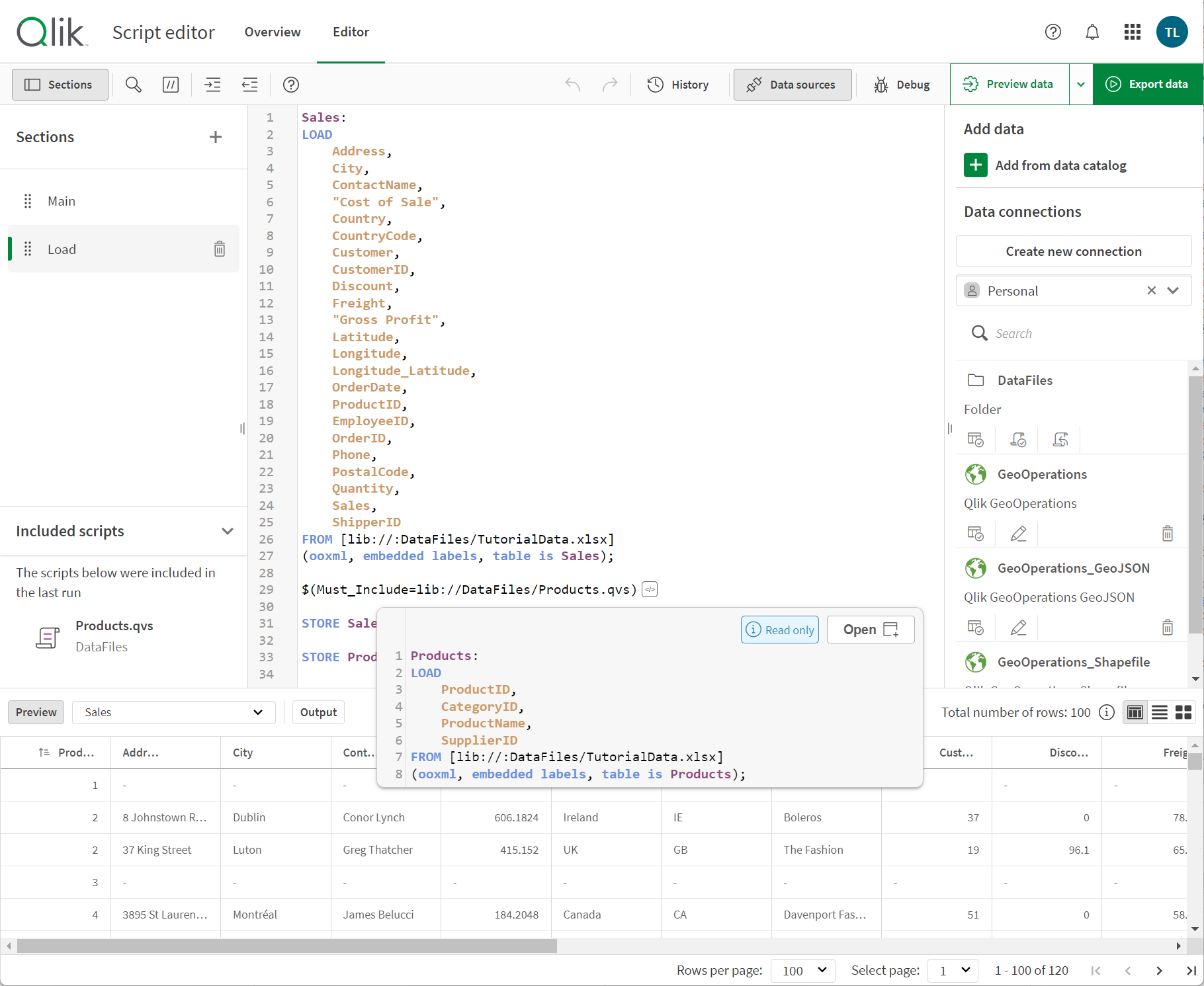 Preview of an inserted QVS script in Script editor. The preview shows the QVS script with an option to Open the script.