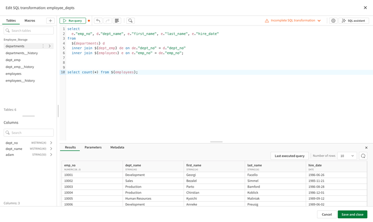 SQL transformation editor