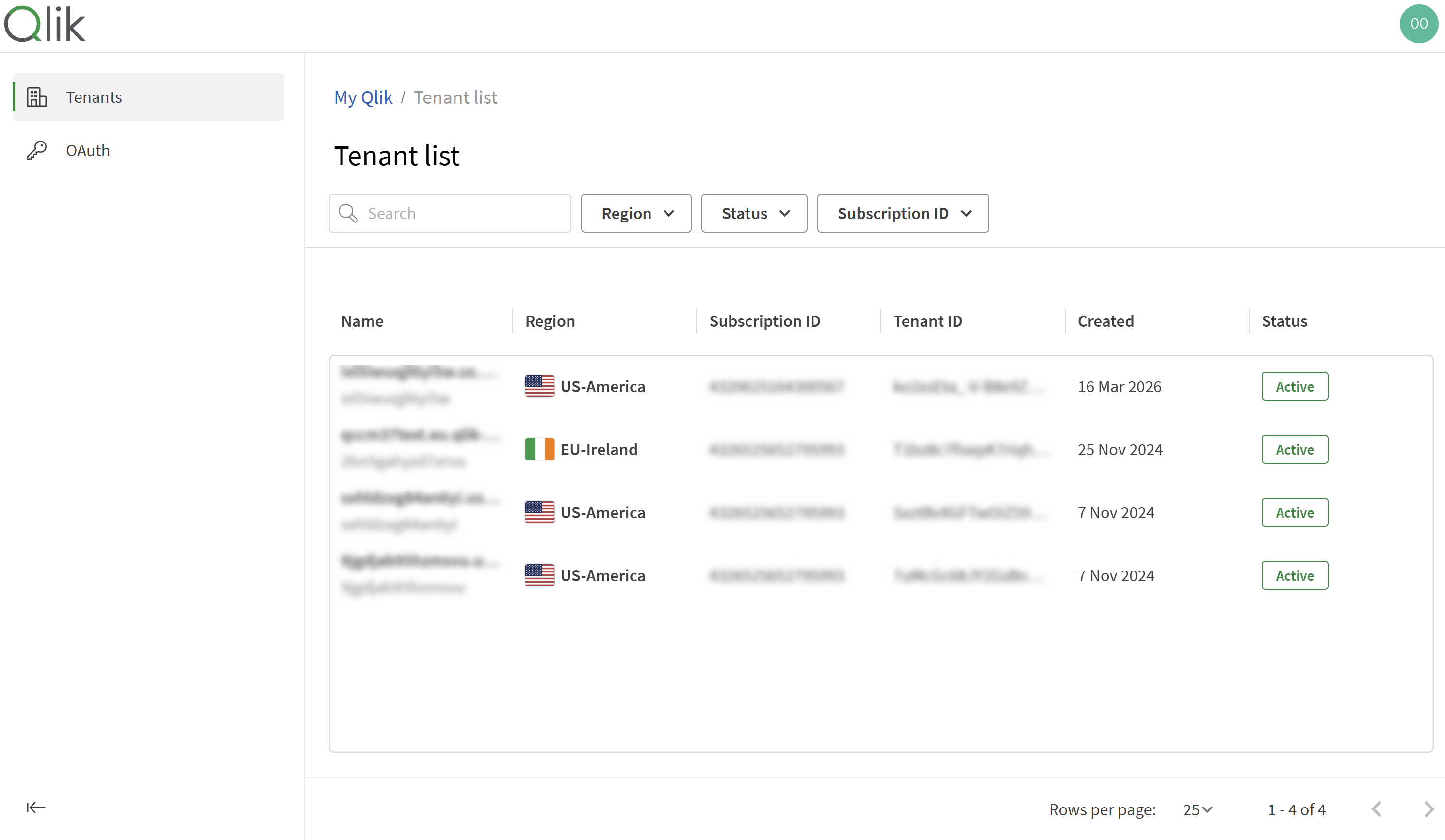 Click to view full size Tenant list page showing tenants associated with subscriptions.
