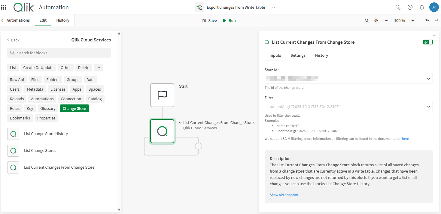 Click to view full size Automation with available connector blocks for interacting with write table change stores