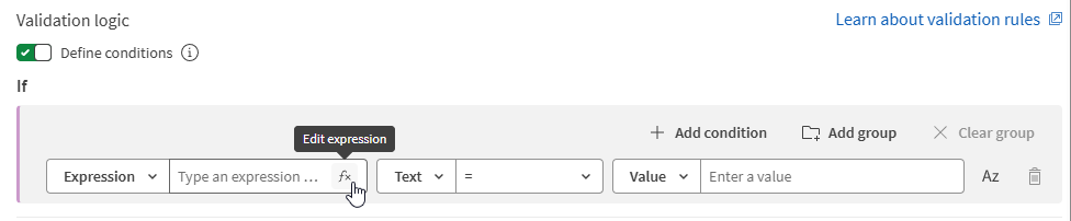 Expression editor for validation rules