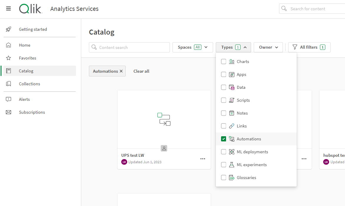 The catalog view from the cloud hub filtering for your automations