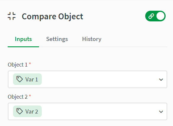 Compare object block input showing two variable to compare
