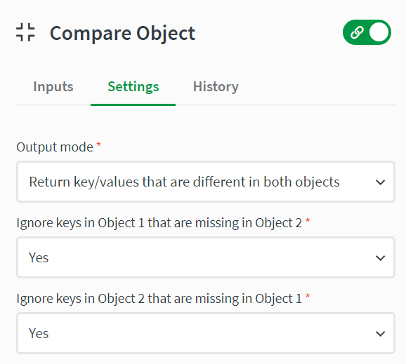 Compare object block settings with output mode and ignore fields