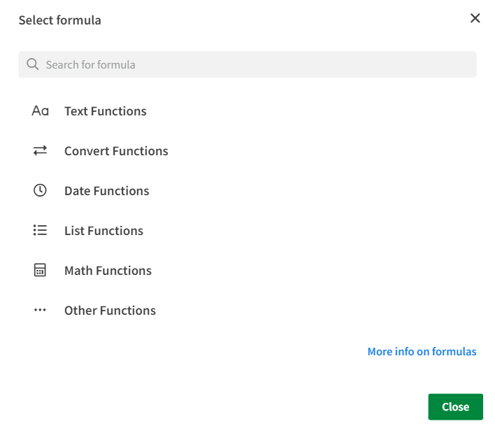 The formula options window showing all functions