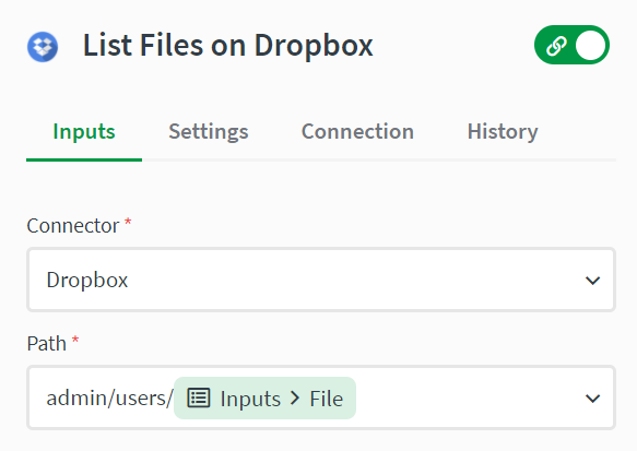 list files block with dropbox connection and path shown