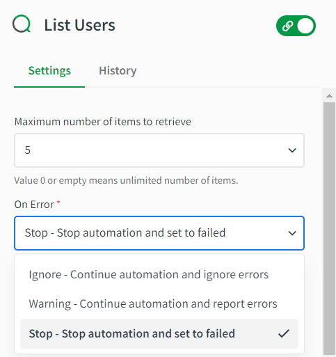 The error options on the settings section of block