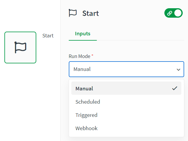 Start block run modes drop-down menu