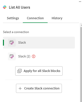 Block configuration pane showing the connection options
