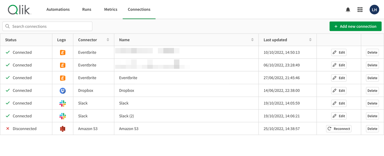 Qlik Application Automation connection section showing list of available connections