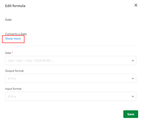 Edit formula dialog box emphasizing the link to show the parameters that can be used when working with date functions