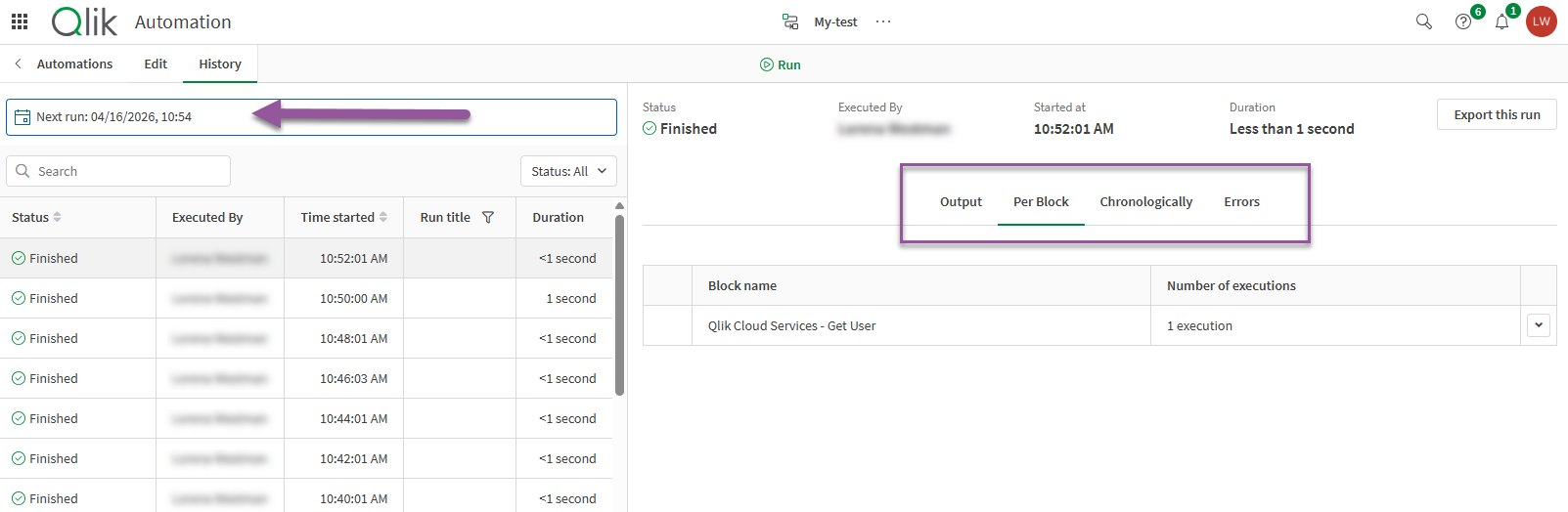automation canvas history view showing history of runs and output