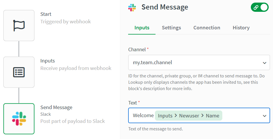 Automation showing input from payload and posting a message to Slack