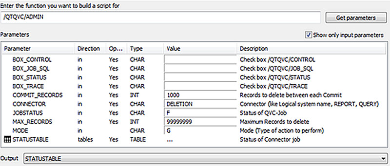 BAPI Connecter admin script dialog with listed deletion parameters