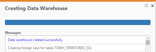 Creating Data Warehouse dialog displaying example messages