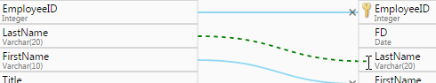 Image depicting a green dotted line running from the source column name to the cursor positioned over a logical entity column name