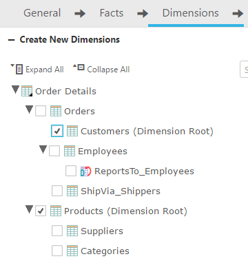 Image of Dimensions screen with all checkboxes cleared except for Customers and Products