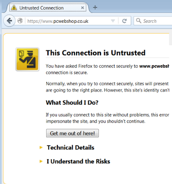 Certificate error warning in Mozilla Firefox