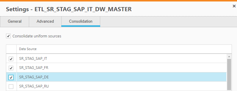 Consolidation tab showing selected data sources